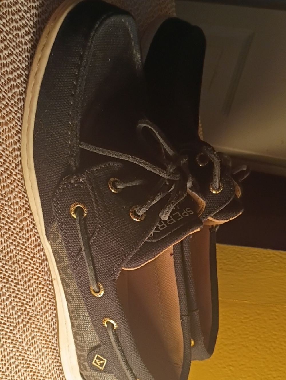 Sperry Black Canvas and Tan Accent Boat Shoes